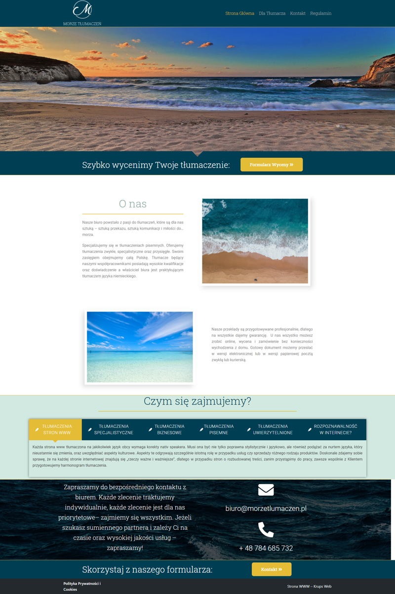 Projekt strony internetowej biura tłumaczeń z motywem morza, z widokiem na plażę o zachodzie słońca w tle nagłówka.