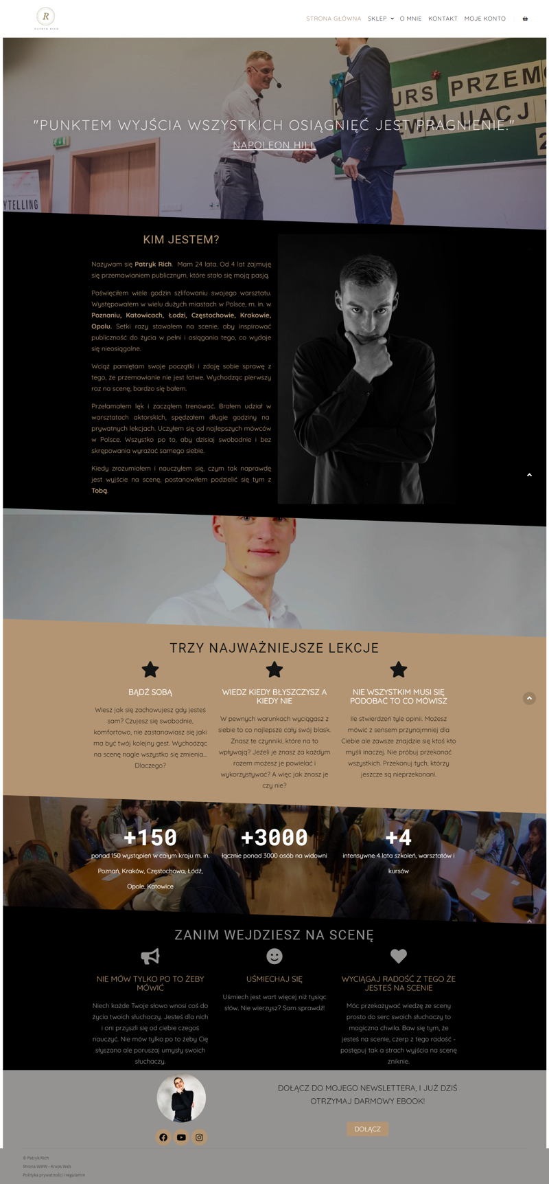 Strona internetowa prelegenta, Patryka Richa, z fragmentem zdjęcia uścisku dłoni na tle tablicy z napisem 'Punktem wyjścia wszystkich osiągnięć jest pragnienie' i sekcją 'Kim jestem?', prezentującą...