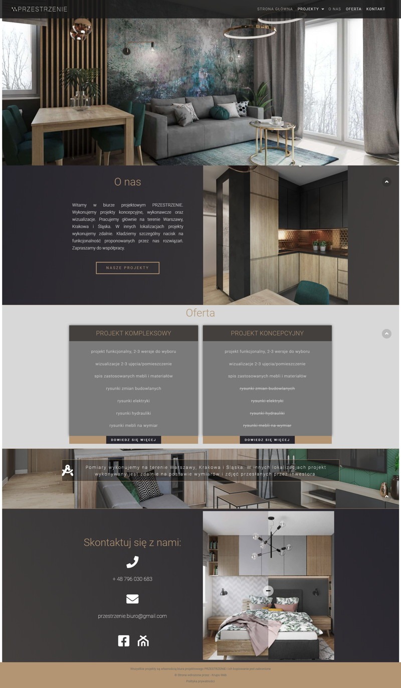 Fragment strony internetowej firmy z Częstochowy, prezentujący aranżację wnętrza: jadalnia z drewnianym stołem i krzesłami w odcieniach zieleni, szara sofa i abstrakcyjny obraz na ścianie.