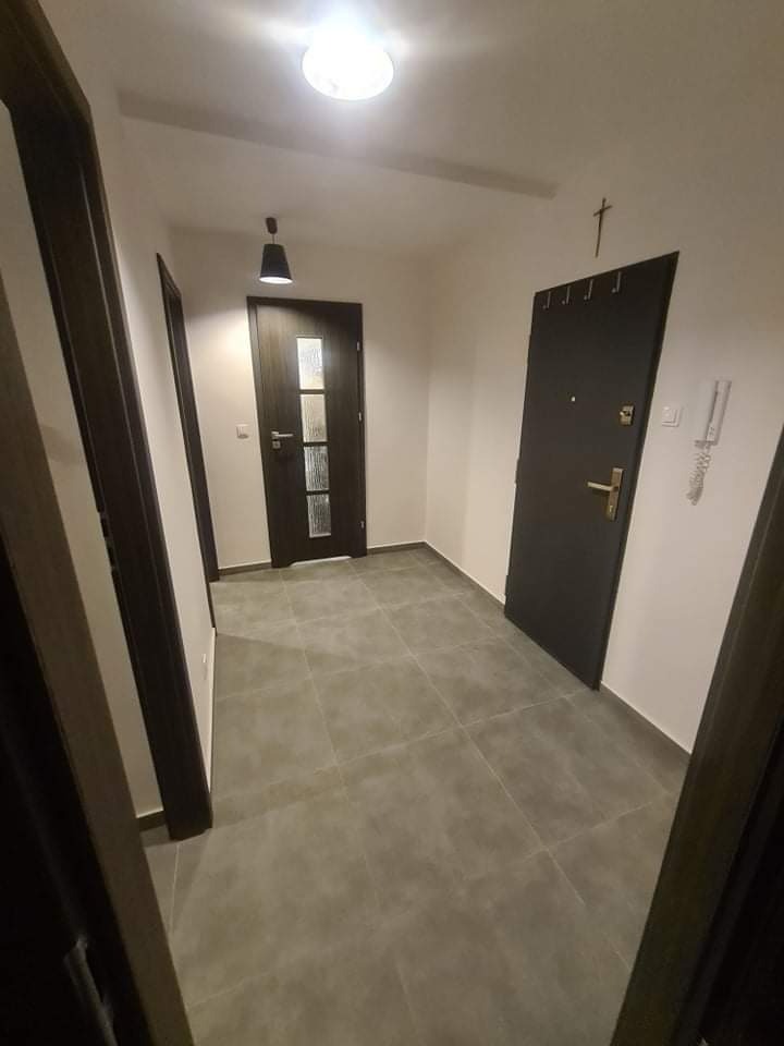 Wykończony korytarz z szarą, matową podłogą, trzema ciemnymi drzwiami z drewnianymi ościeżnicami, białymi ścianami, wieszakiem na ubrania i lampą sufitową.