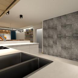 Roksana Chrobak Interiors - Wizualizacja nowoczesnej kuchni z chromowaną baterią, czarnym zlewem, płytą indukcyjną, drewnianym sufitem z reflektorami i ścianą z szarego kamienia dekoracyjnego.