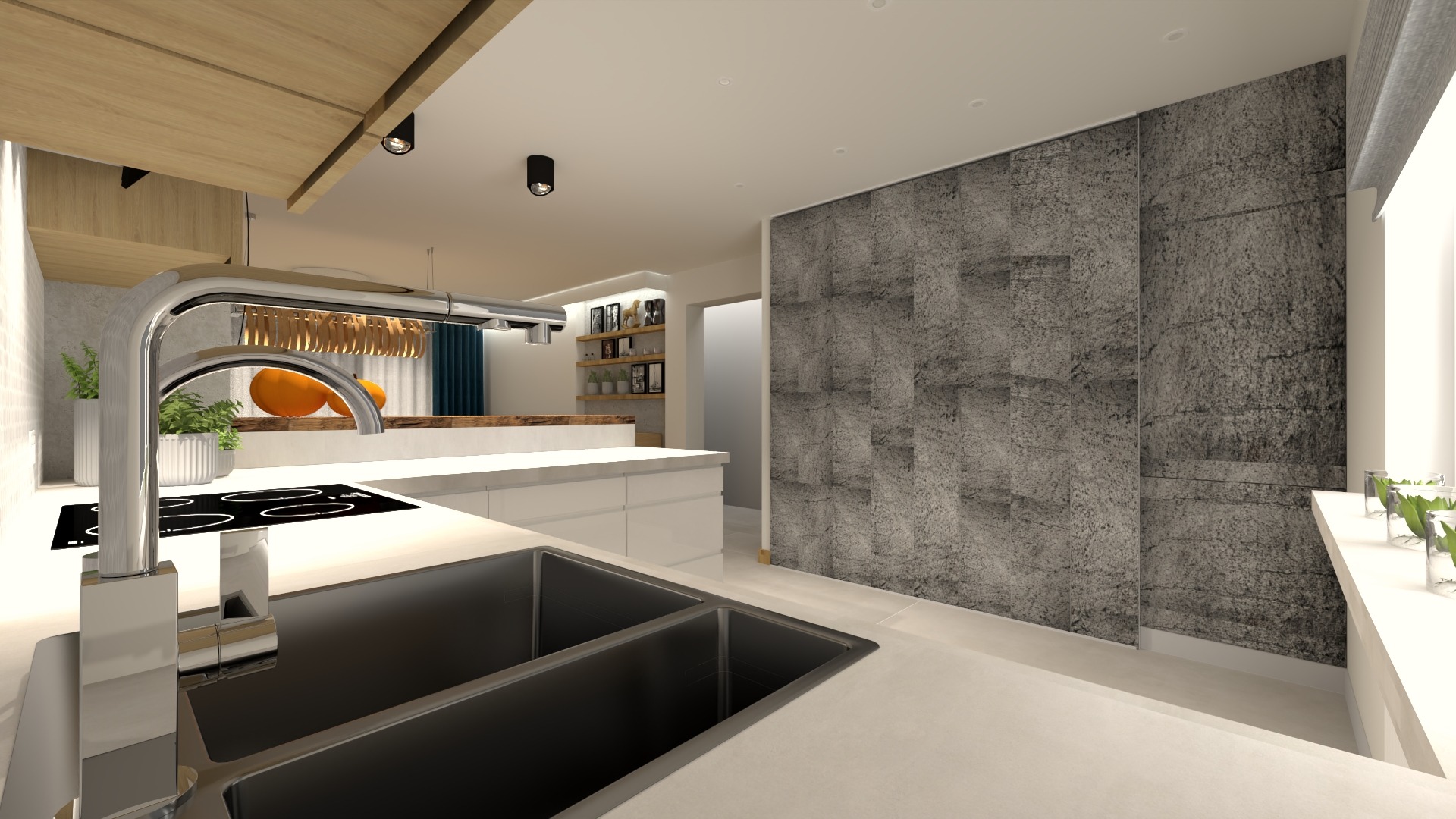 Wizualizacja nowoczesnej kuchni z chromowaną baterią, czarnym zlewem, płytą indukcyjną, drewnianym sufitem z reflektorami i ścianą z szarego kamienia dekoracyjnego.