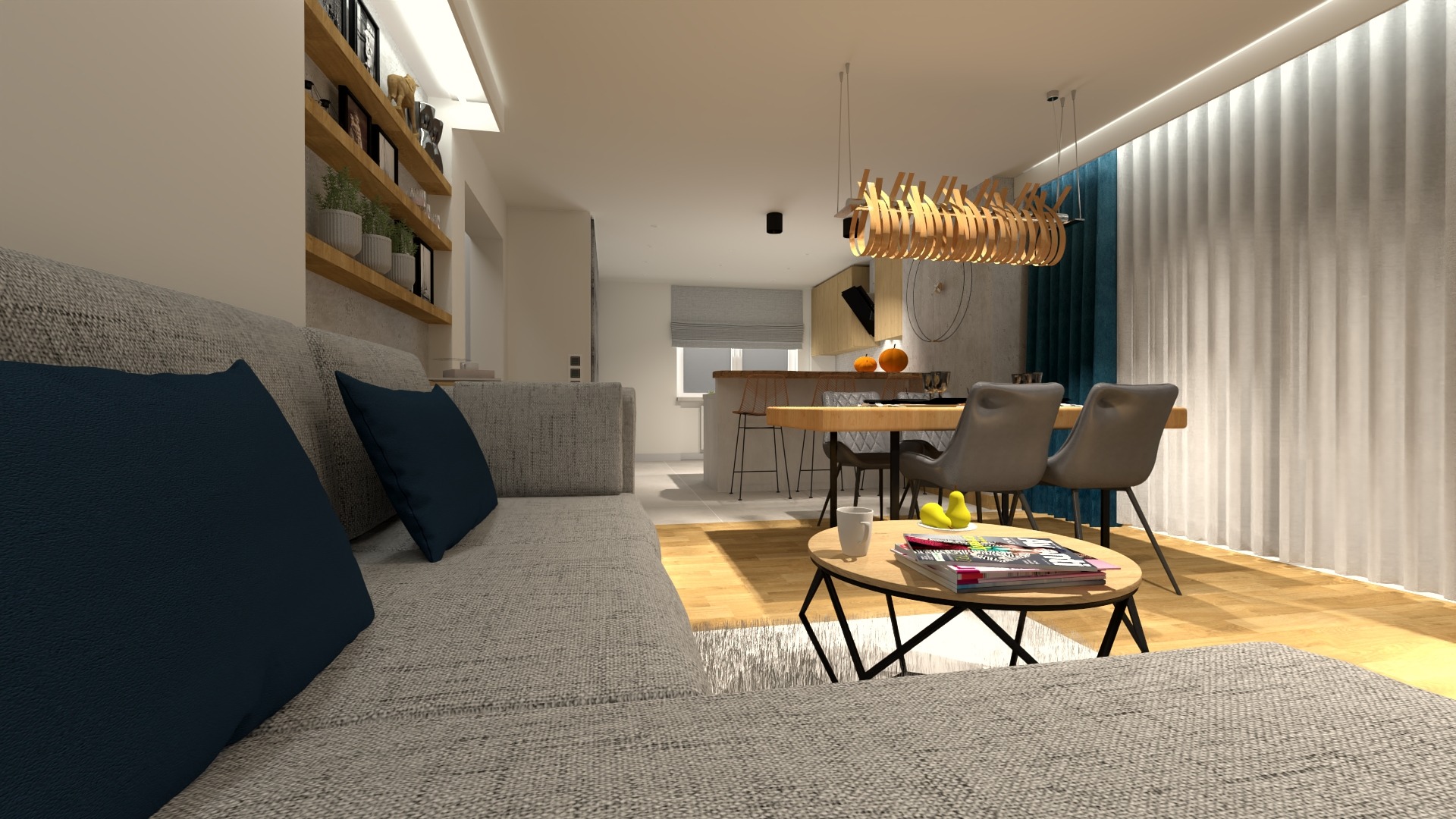 Wizualizacja salonu z aneksem kuchennym, szara sofa z granatowymi poduszkami na pierwszym planie, drewniane półki z dekoracjami, stół jadalny z krzesłami i lampą wiszącą o organicznym kształcie...