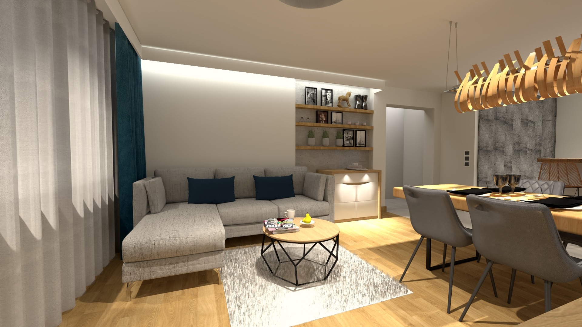 Wizualizacja salonu z szarą sofą narożną, okrągłym stolikiem kawowym z owocem i magazynem, drewnianą podłogą, półkami ściennymi z dekoracjami, oraz stołem jadalnym z szarymi krzesłami i oryginalną...