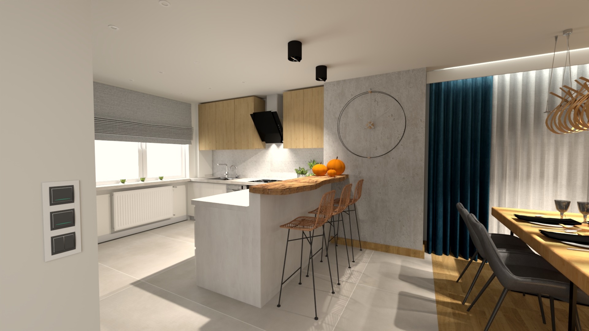 Wizualizacja nowoczesnej kuchni z wyspą i drewnianym blatem, uzupełniona o dekoracje z dyń, z widoczną strefą jadalną z ciemnymi krzesłami i minimalistycznym oświetleniem.