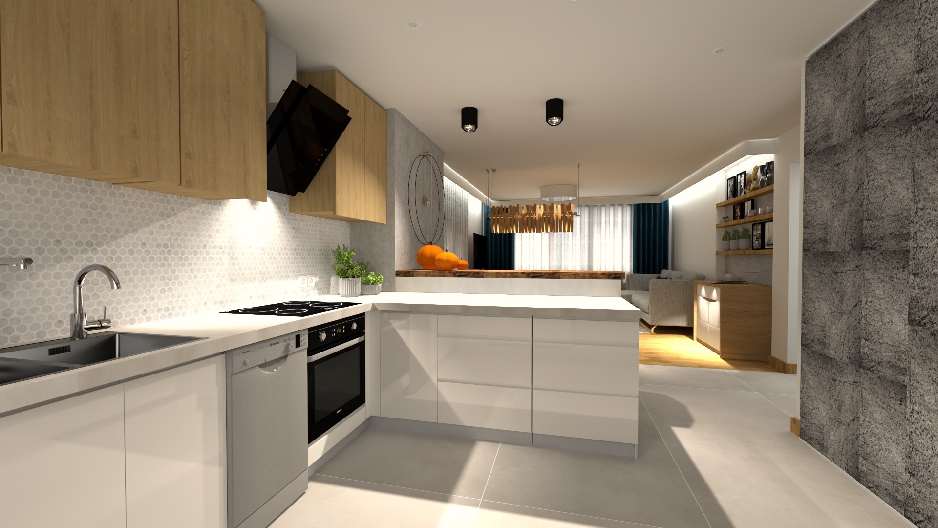 Wnętrze nowoczesnej kuchni z białymi frontami, mozaikową ścianą nad blatem i drewnianymi szafkami wiszącymi, otwartej na salon z szarymi zasłonami i drewnianymi półkami.