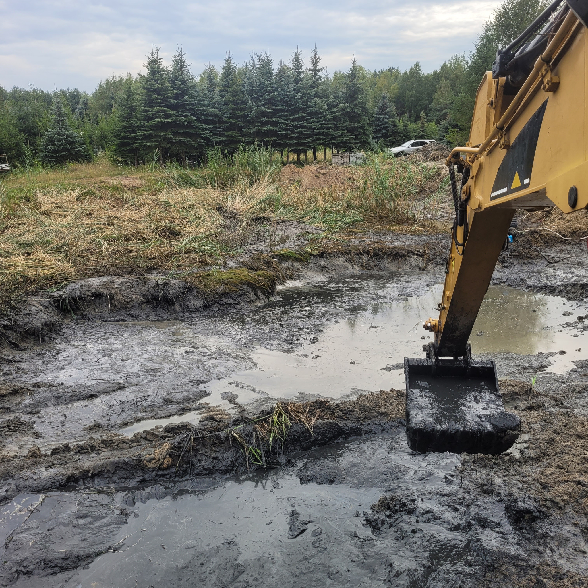 Żółta koparka zanurzona w błotnistym wykopie, w tle drzewa iglaste i jasny samochód