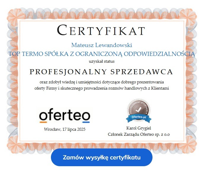 Certyfikat dla Mateusza Lewandowskiego z TOP TERMO za status Profesjonalnego Sprzedawcy Oferteo. Dokument z datą 17 lipca 2025, podpisany przez Karola Grygiela.