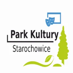 Logo Parku Kultury Starachowice z motywami teatralnymi, roślinnymi i geometrycznymi na białym tle.