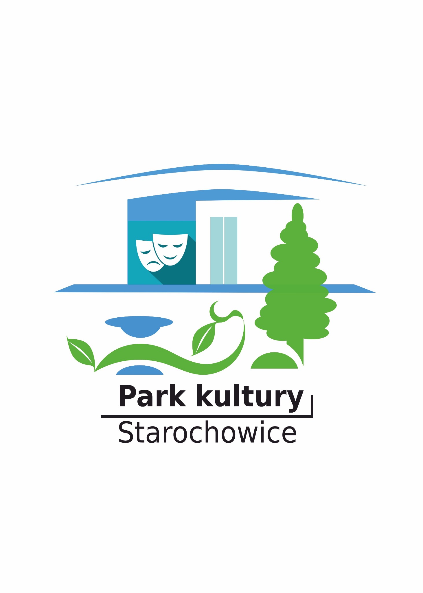 Minimalistyczne logo Parku Kultury w Starachowicach przedstawiające budynek z maskami teatralnymi, stylizowaną fontannę i drzewo iglaste.