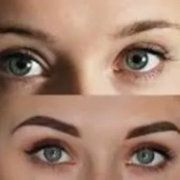 Porównanie brwi przed i po zabiegu: naturalne, jasne brwi kontra ciemniejsze, wyraźnie zarysowane brwi z delikatnym makijażem oczu.