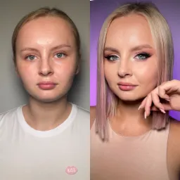Zdjęcie typu 'przed i po' prezentujące transformację wyglądu młodej kobiety, z widoczną różnicą w wyglądzie cery, brwi, oczu i ust. Po lewej stronie twarz bez upiększeń, po prawej - z delikatnym...