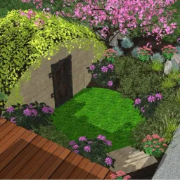 Wizualizacja projektu ogrodu z ziemianką porośniętą bluszczem, kwitnącymi krzewami i drewnianym tarasem
