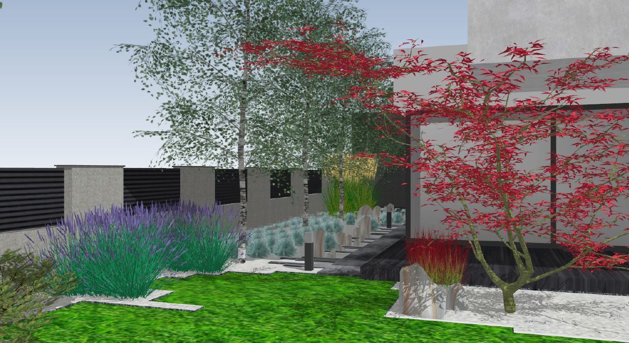 Wizualizacja ogrodu z elementami japońskimi: czerwony klon palmowy, trawy ozdobne, lawenda, ścieżka z kamiennymi lampionami.