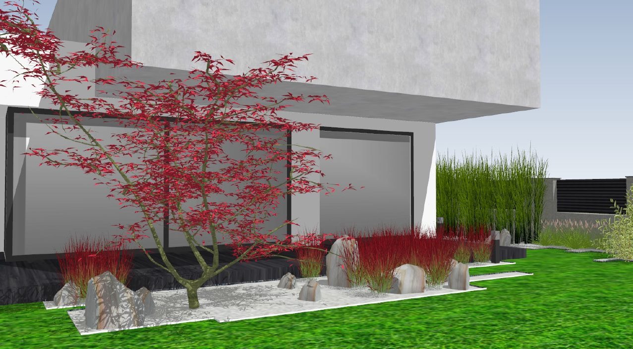 Wizualizacja ogrodu w stylu japońskim z czerwonym klonem palmowym na tle minimalistycznej bryły domu z przeszkloną ścianą.