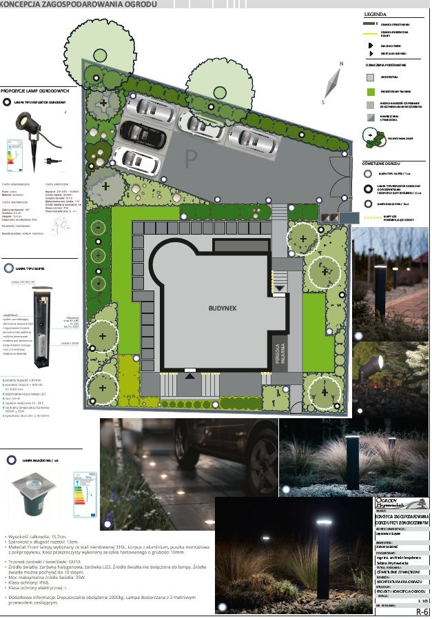 Koncepcja zagospodarowania ogrodu z oświetleniem, widok z góry na budynek z parkingiem i nasadzeniami, propozycje lamp ogrodowych, legenda symboli.
