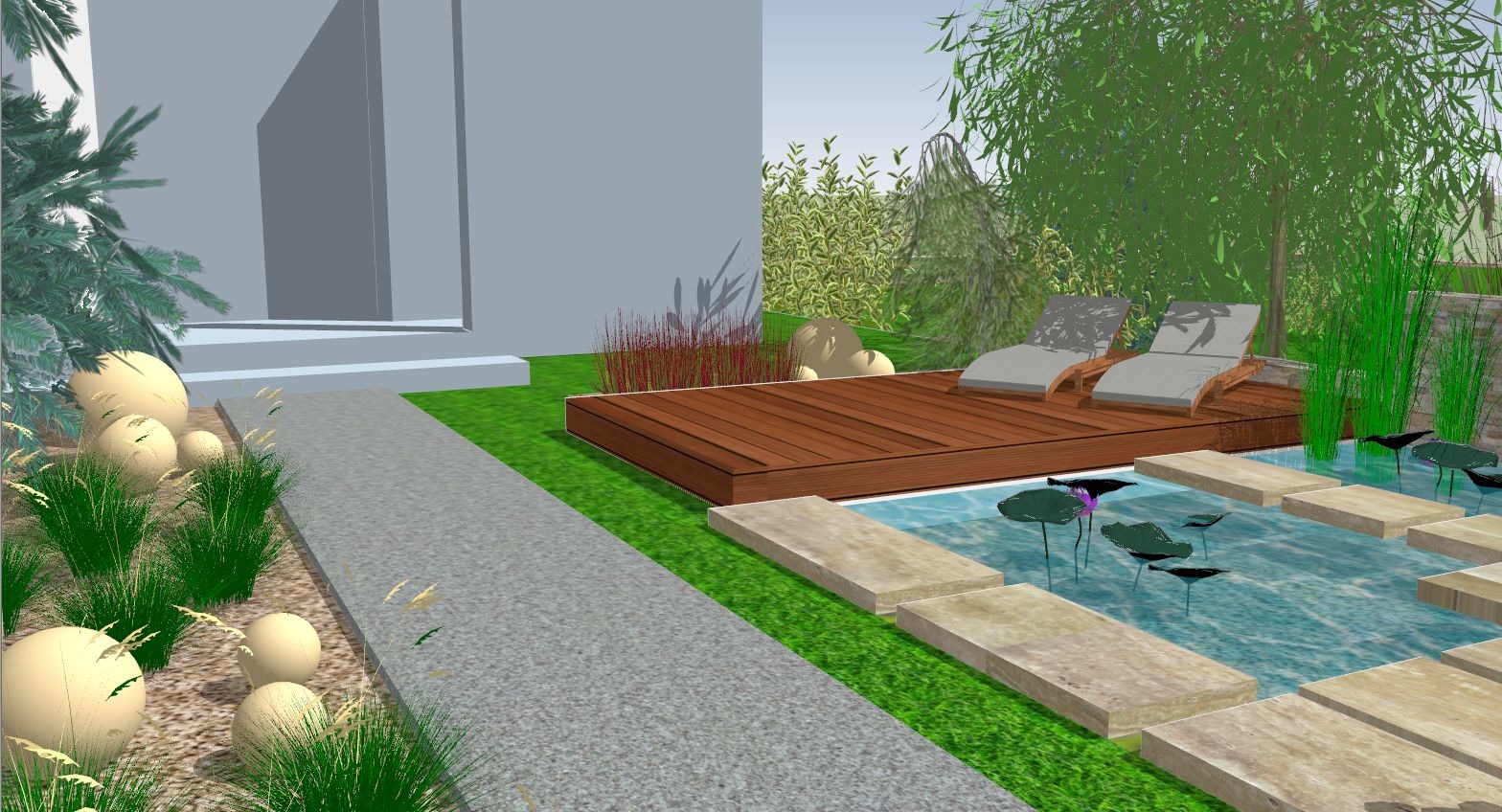 Wizualizacja 3D ogrodu z oczkiem wodnym, drewnianym tarasem i leżakami, oświetlone dekoracyjnymi kulami.