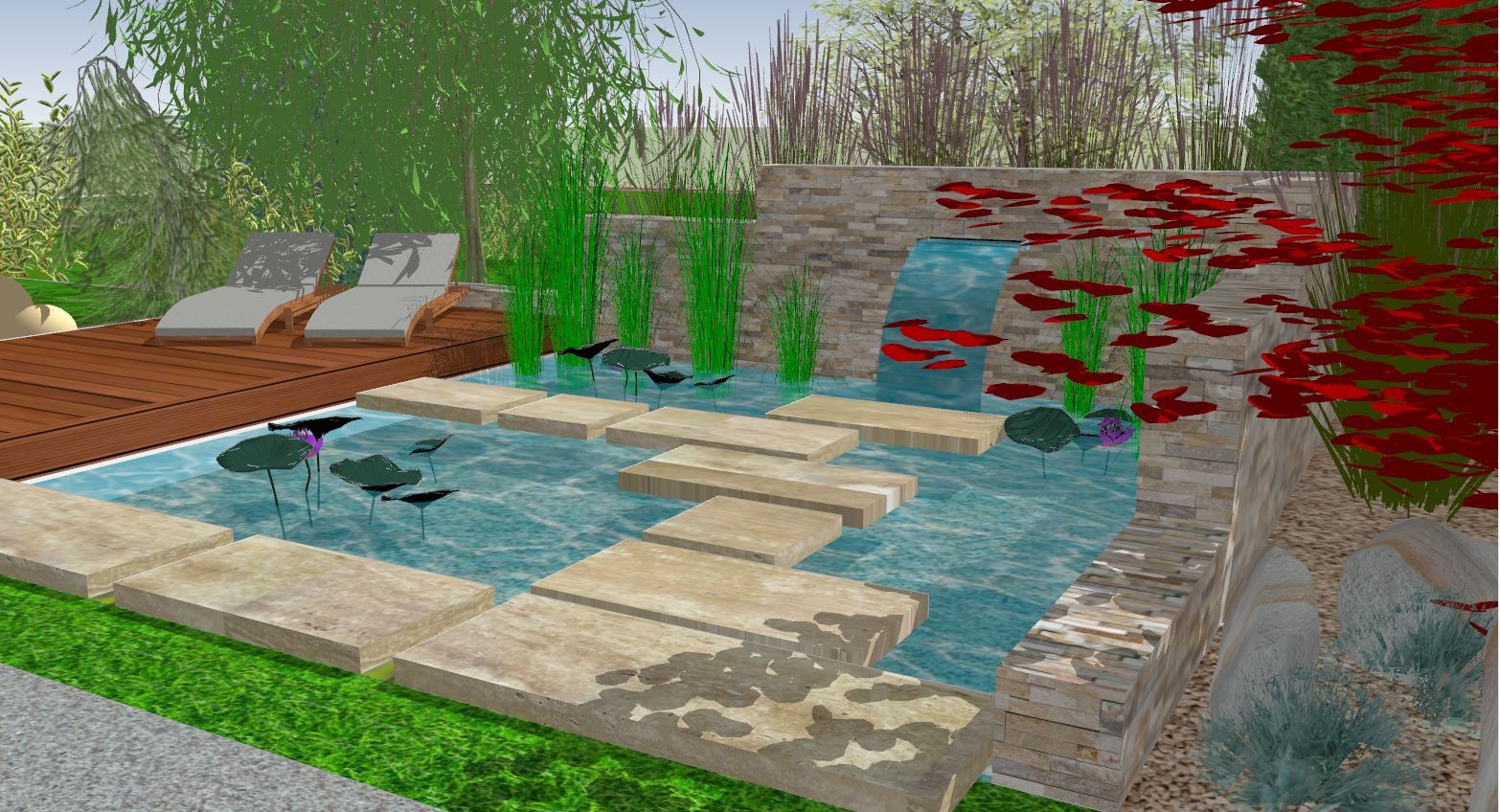Wizualizacja ogrodu z oczkiem wodnym, kamiennymi ścieżkami, wodospadem na tle muru z kamienia, leżakami na drewnianym podeście i roślinnością.