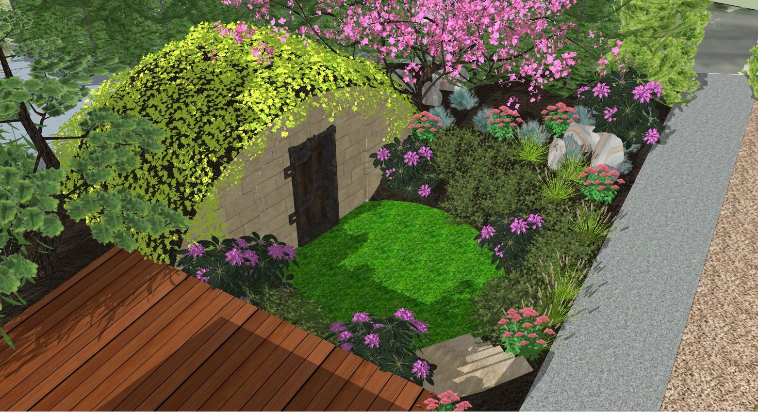 Wizualizacja projektu ogrodu z ziemianką porośniętą bluszczem, kwitnącymi krzewami i drewnianym tarasem