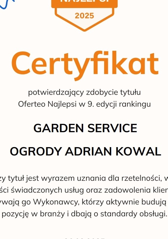 Pomarańczowy certyfikat Oferteo Najlepsi 2025 dla Garden Service OGRODY ADRIAN KOWAL, potwierdzający wysoką jakość usług i zadowolenie klientów w 9. edycji rankingu.