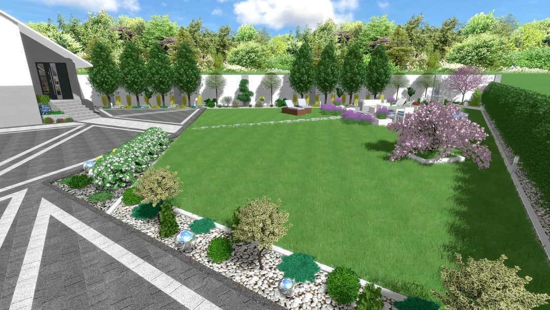 Wizualizacja zagospodarowania przestrzeni ogrodu z trawnikiem, rabatami z białych kamieni, krzewami, drzewami, kostką brukową z białymi pasami, oświetleniem, meblami ogrodowymi i wysokim żywopłotem...