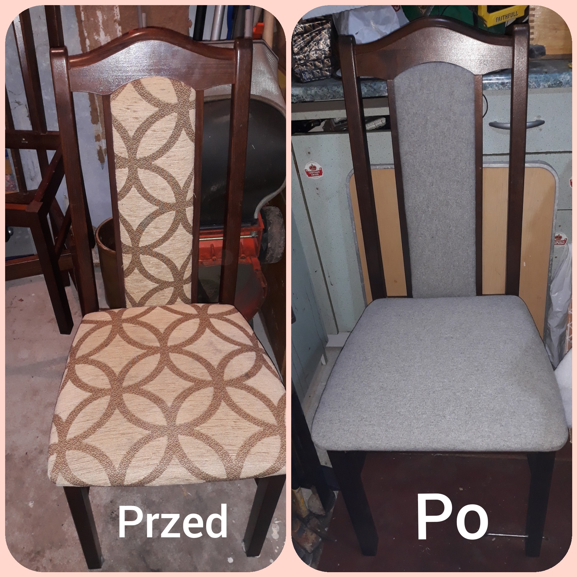 Porównanie krzesła przed i po renowacji tapicerki: po lewej krzesło z beżową tapicerką w geometryczne wzory, po prawej krzesło z szarą, gładką tapicerką.
