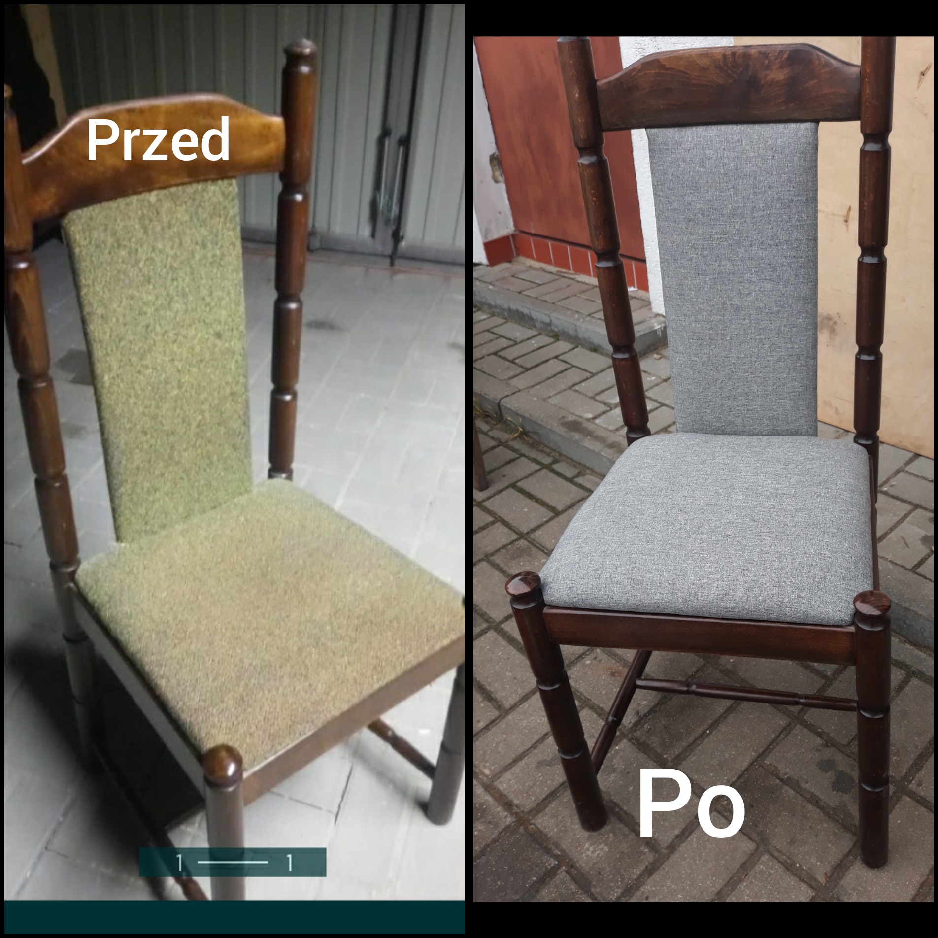 Zdjęcie porównawcze krzesła przed i po renowacji tapicerki, prezentujące zmianę z zielonej, zużytej tkaniny na szarą, nowoczesną.