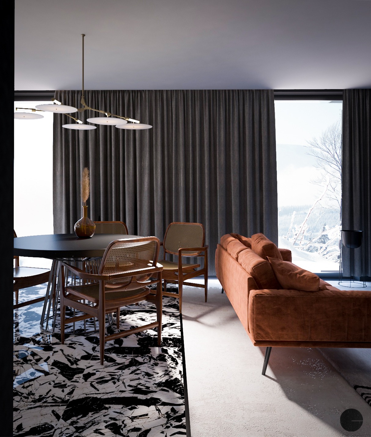 Nowoczesne wnętrze z okrągłym, czarnym stołem, rattanowymi krzesłami, pomarańczową sofą i marmurową podłogą, oświetlone wiszącą lampą z białymi kloszami na tle zasłoniętego okna z widokiem...