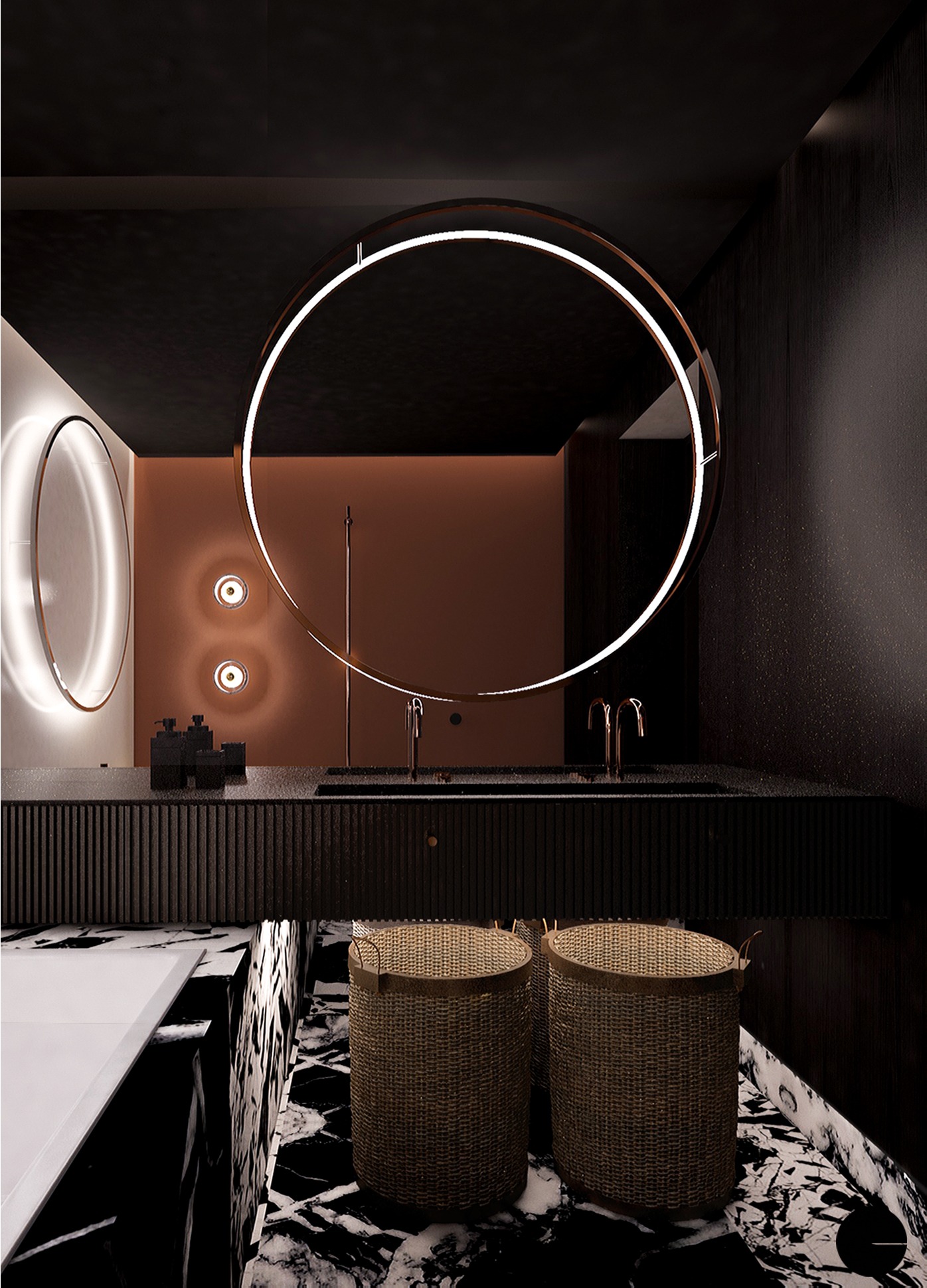 Nowoczesna łazienka z dużym okrągłym lustrem podświetlanym LED, czarnym blatem z umywalkami, marmurową podłogą i dwoma wiklinowymi koszami.
