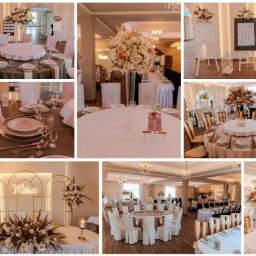 Mateusz Kotarba Media - Dekoracje sali weselnej w stylu boho: okrągłe stoły z kwiatami, złote akcenty, napisy 'Miłość', elegancka zastawa. Jasne wnętrze, ciepłe światło.