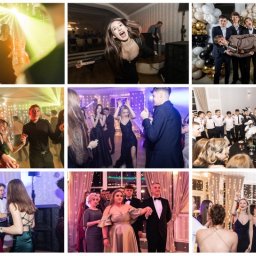 Mateusz Kotarba Media - Kolaż z balu studniówkowego: tańczący uczniowie w eleganckich strojach, dekoracje balonowe i świetlne, portrety grupowe w formalnych pozach.