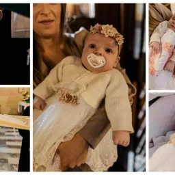 Kolaż zdjęć z uroczystości chrztu dziewczynki w białej sukience z kwiatową opaską, obejmujący ujęcia z kościoła i wózka, prezentujący różne momenty i emocje.