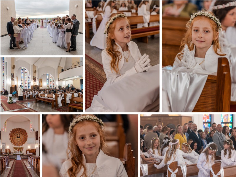 Uroczystość Pierwszej Komunii Świętej: dziewczynka w białej albie i wianku klęczy w ławce kościoła, a w tle widoczni uczestnicy mszy.