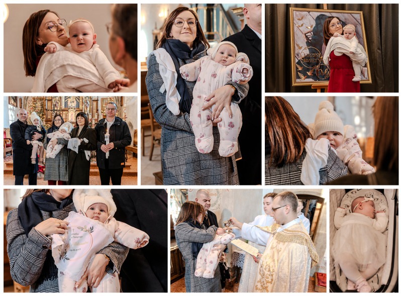 Kolaż zdjęć z uroczystości chrztu: matka trzymająca dziecko, ksiądz udzielający sakramentu, pamiątkowy portret w ramie, ujęcia grupowe i detale stroju.