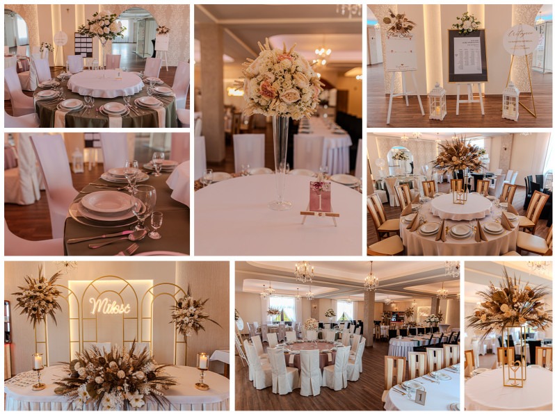 Dekoracje sali weselnej w stylu boho: okrągłe stoły z kwiatami, złote akcenty, napisy 'Miłość', elegancka zastawa. Jasne wnętrze, ciepłe światło.