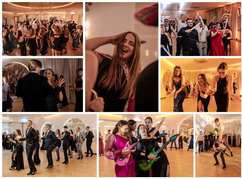 Kolaż z imprezy: tańczący goście, uśmiechnięte kobiety z gitarami, zabawa z rekwizytami. Jasne wnętrze, eleganckie stroje, radosna atmosfera.