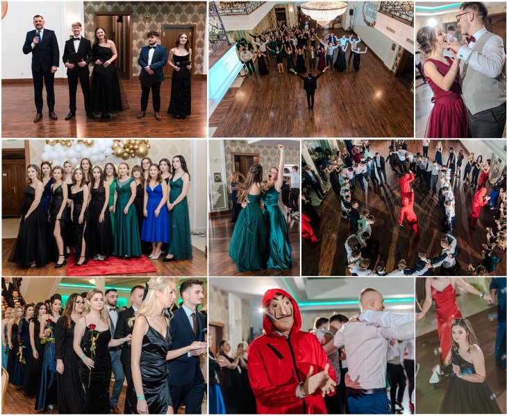 Kolaż zdjęć z balu studniówkowego: prezentacja uczniów, taniec na parkiecie, grupowe portrety w wieczorowych kreacjach, maska z La Casa de Papel.