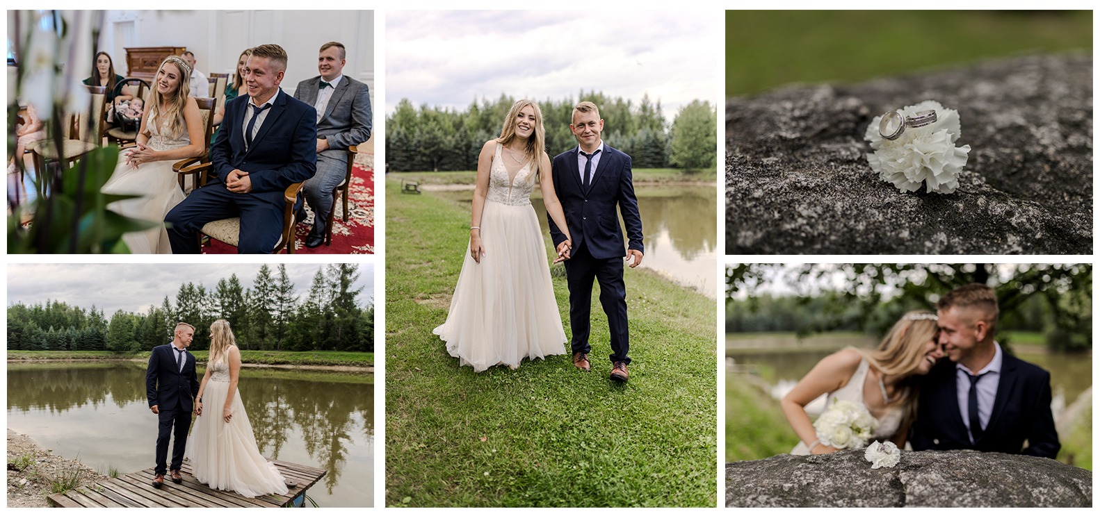 Kolaż z sesji ślubnej: para młoda w kościele, nad jeziorem, zbliżenie obrączek na kamieniu, uśmiechnięci nowożeńcy w plenerze. Romantyczna atmosfera.