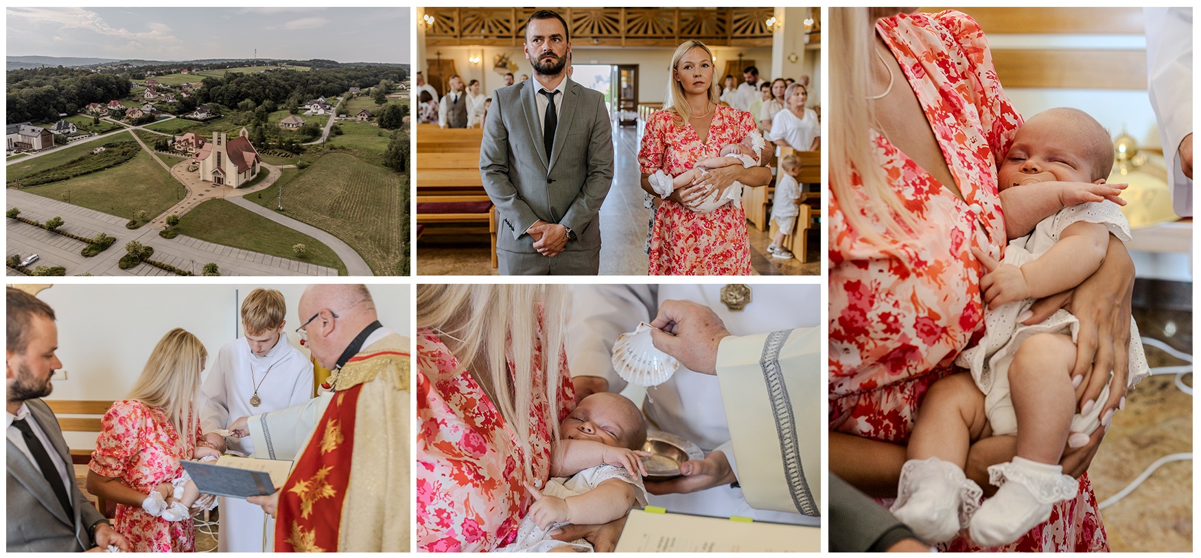 Fotografia z ceremonii chrztu: widok na kościół z lotu ptaka, rodzina w kościele, zbliżenie na chrzest dziecka, matka trzymająca śpiące niemowlę w kwiecistej sukience.