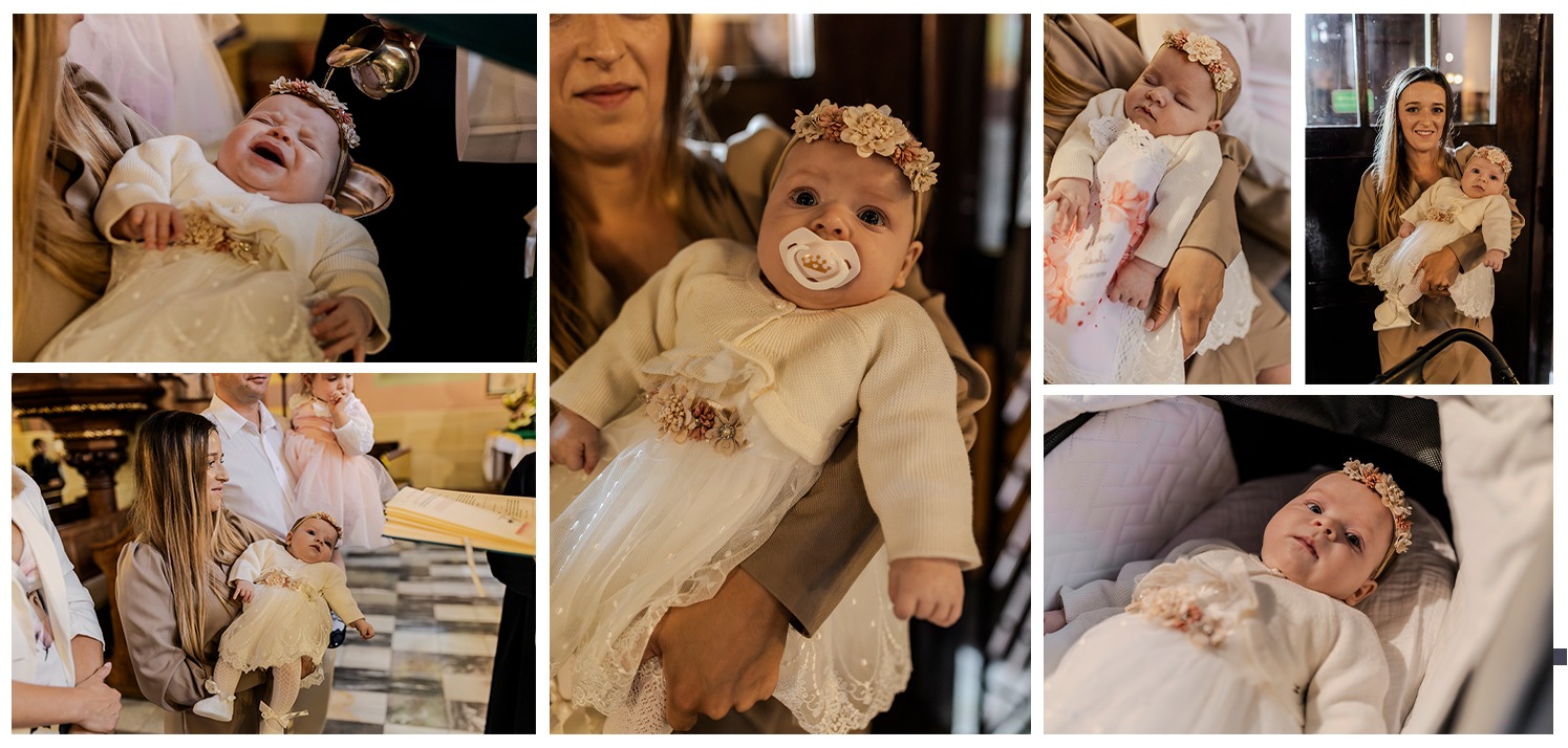 Kolaż zdjęć z uroczystości chrztu dziewczynki w białej sukience z kwiatową opaską, obejmujący ujęcia z kościoła i wózka, prezentujący różne momenty i emocje.
