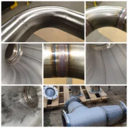 Kolaż zdjęć spawów na rurach ze stali nierdzewnej, pokazujący detale łączeń i wykończenia, w tym fragmenty z widoczną strukturą spoin oraz rury z flanszami.