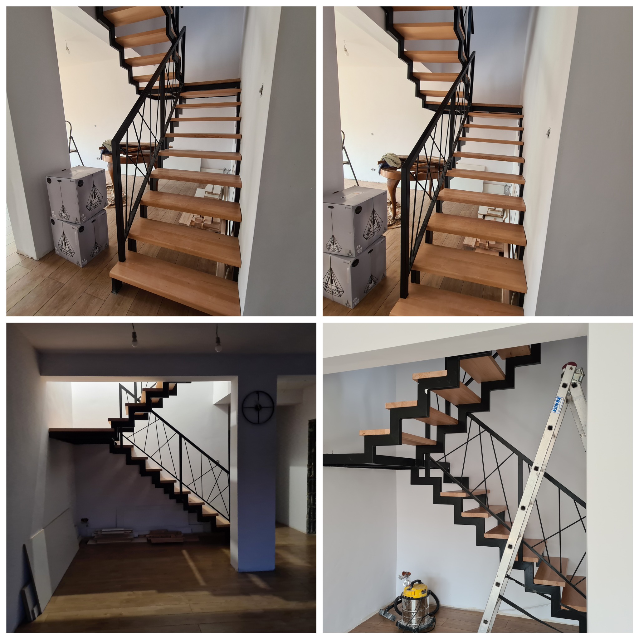 Nowoczesne schody drewniane z czarną metalową konstrukcją i balustradą, widoczne z różnych perspektyw, częściowo w trakcie montażu z obecnością drabiny i kartonów.