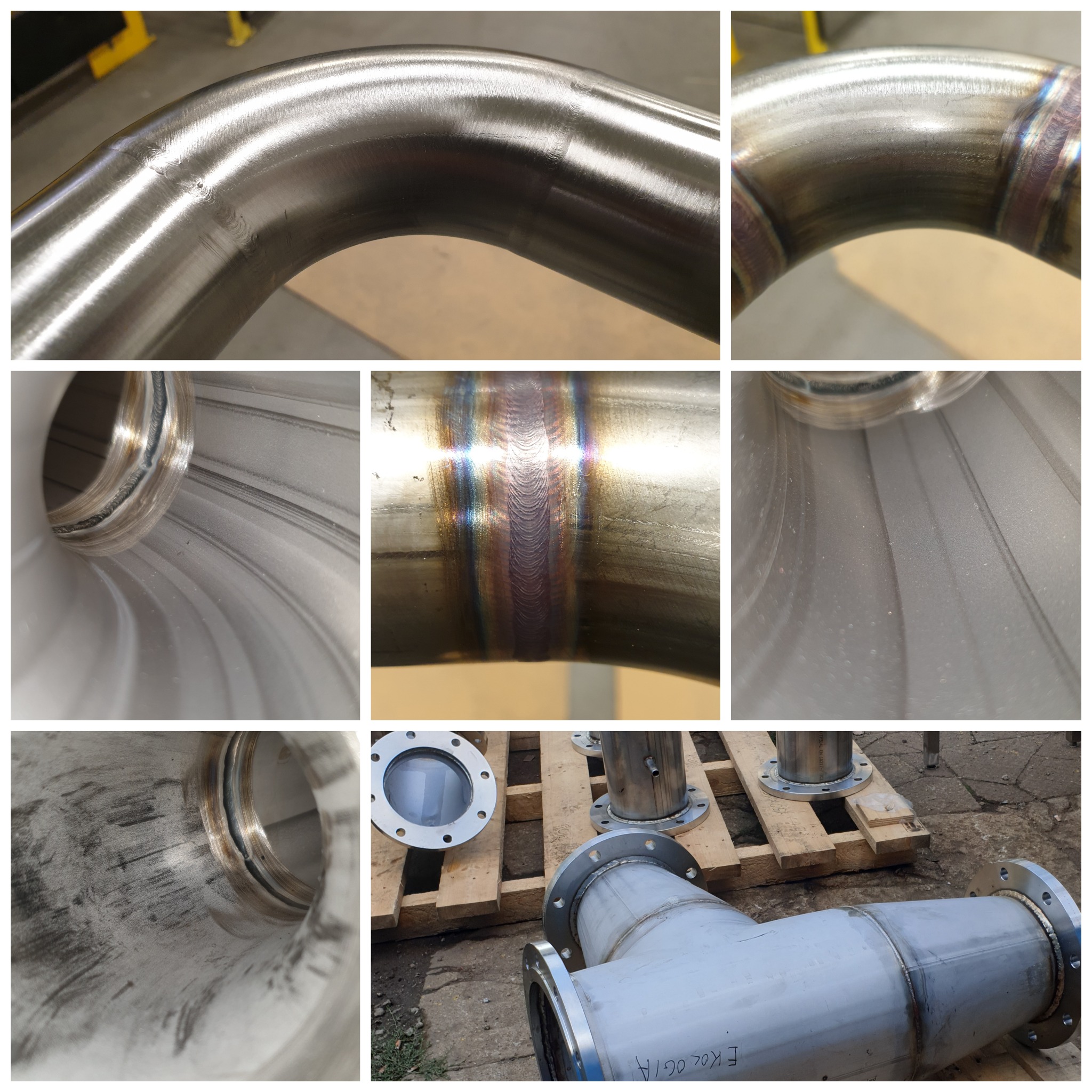 Kolaż zdjęć spawów na rurach ze stali nierdzewnej, pokazujący detale łączeń i wykończenia, w tym fragmenty z widoczną strukturą spoin oraz rury z flanszami.