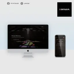 Prezentacja strony internetowej 'Witraże Bednarscy' na ekranie komputera iMac oraz smartfona, ukazująca witrynę pracowni witraży i galerii sztuki. U góry logo 'SKYLO.PL' na czarnym tle.