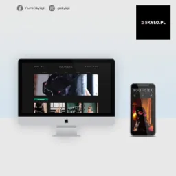 Prezentacja responsywnego projektu strony internetowej Bolingier na ekranie komputera iMac i smartfona, z widocznym logo firmy SKYLOPL w rogu.