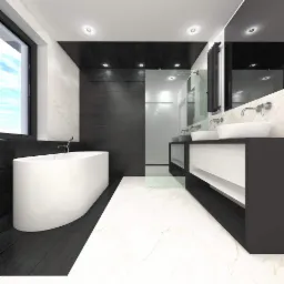 Nowoczesna łazienka z wolnostojącą białą wanną, czarnymi płytkami na ścianie i podłodze oraz marmurową posadzką i ścianą, z dwiema umywalkami na czarnych szafkach z białymi frontami.