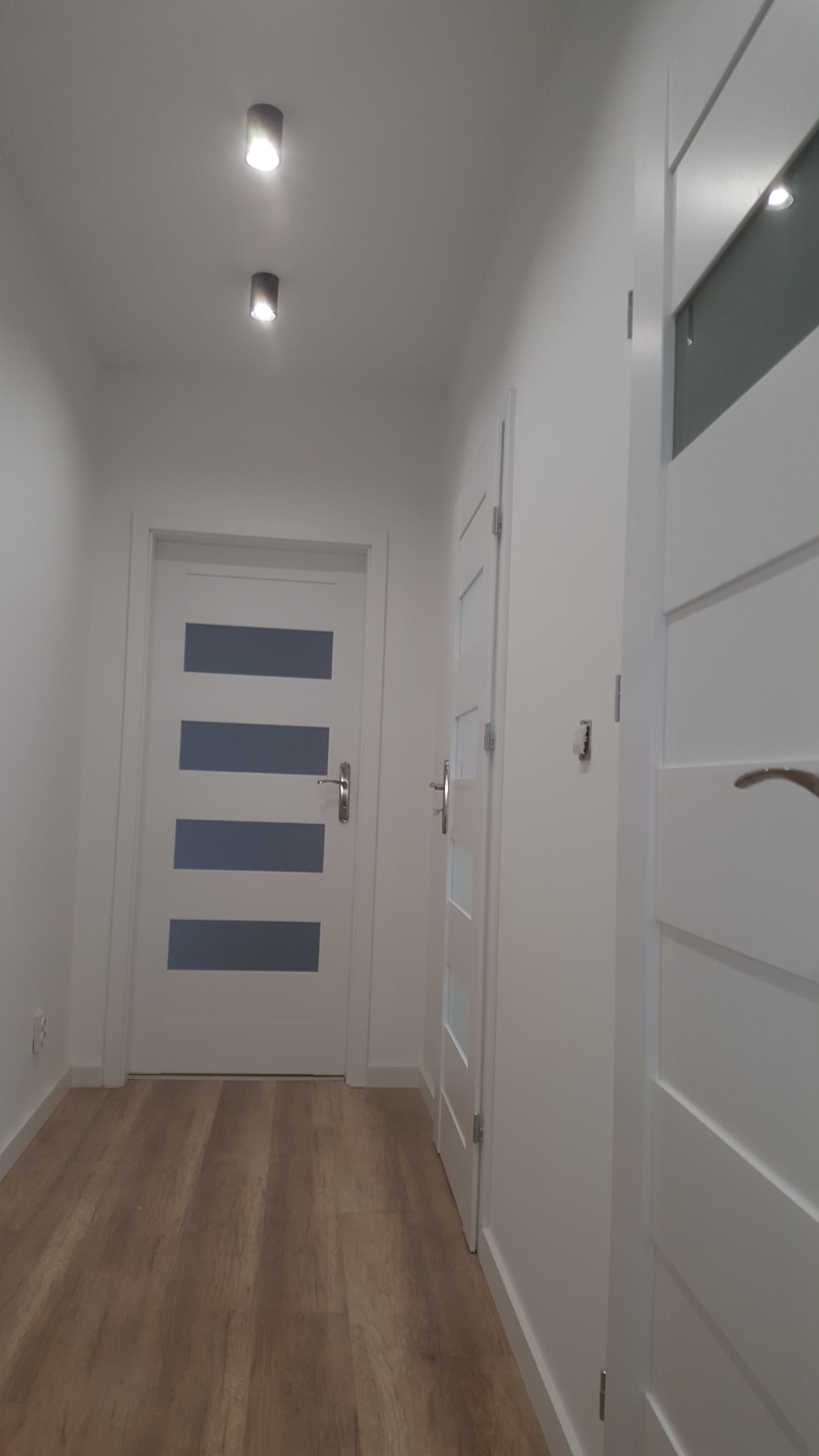 Korytarz po remoncie: widoczne trzy białe drzwi z przeszkleniami, panele podłogowe w odcieniach brązu i dwa punktowe źródła światła w suficie.