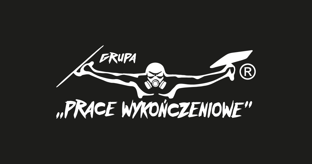 Białe logo firmy 'Grupa Prace Wykończeniowe' na czarnym tle, przedstawiające postać w masce gazowej trzymającą kielnię i pacę.