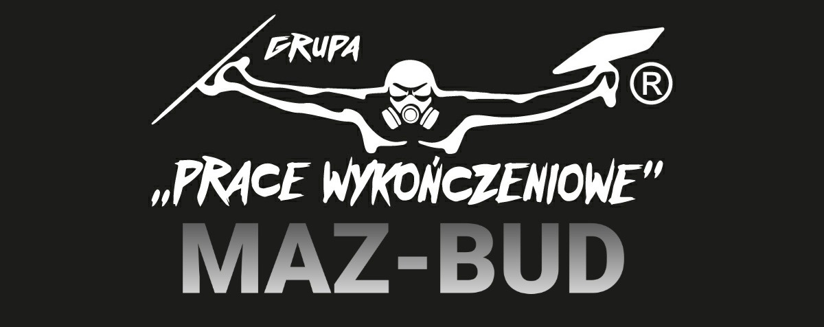 Logo firmy MAZ-BUD z hasłem 'Prace Wykończeniowe', przedstawiające postać w masce gazowej z narzędziami w rękach na czarnym tle.
