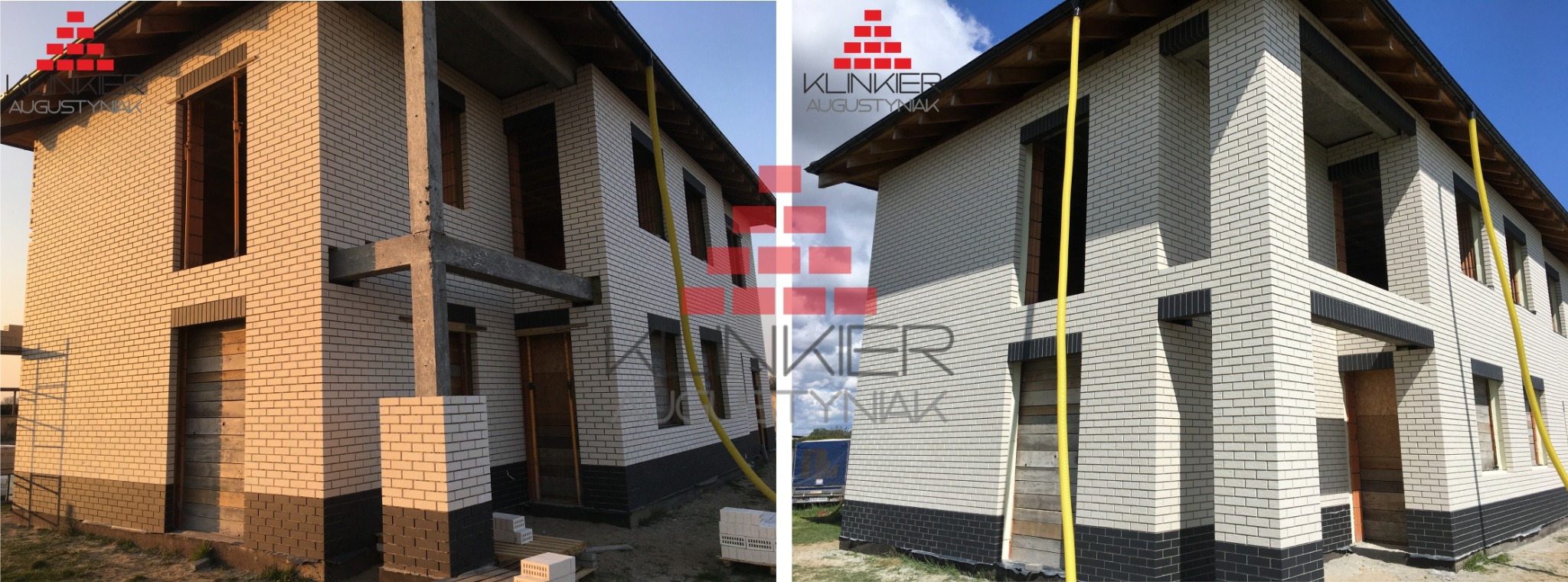 Dwukondygnacyjny dom w trakcie budowy, z jasnej cegły klinkierowej z ciemnymi akcentami, widoczne niezabezpieczone otwory okienne i drzwiowe, na elewacji widoczny częściowo logotyp firmy.